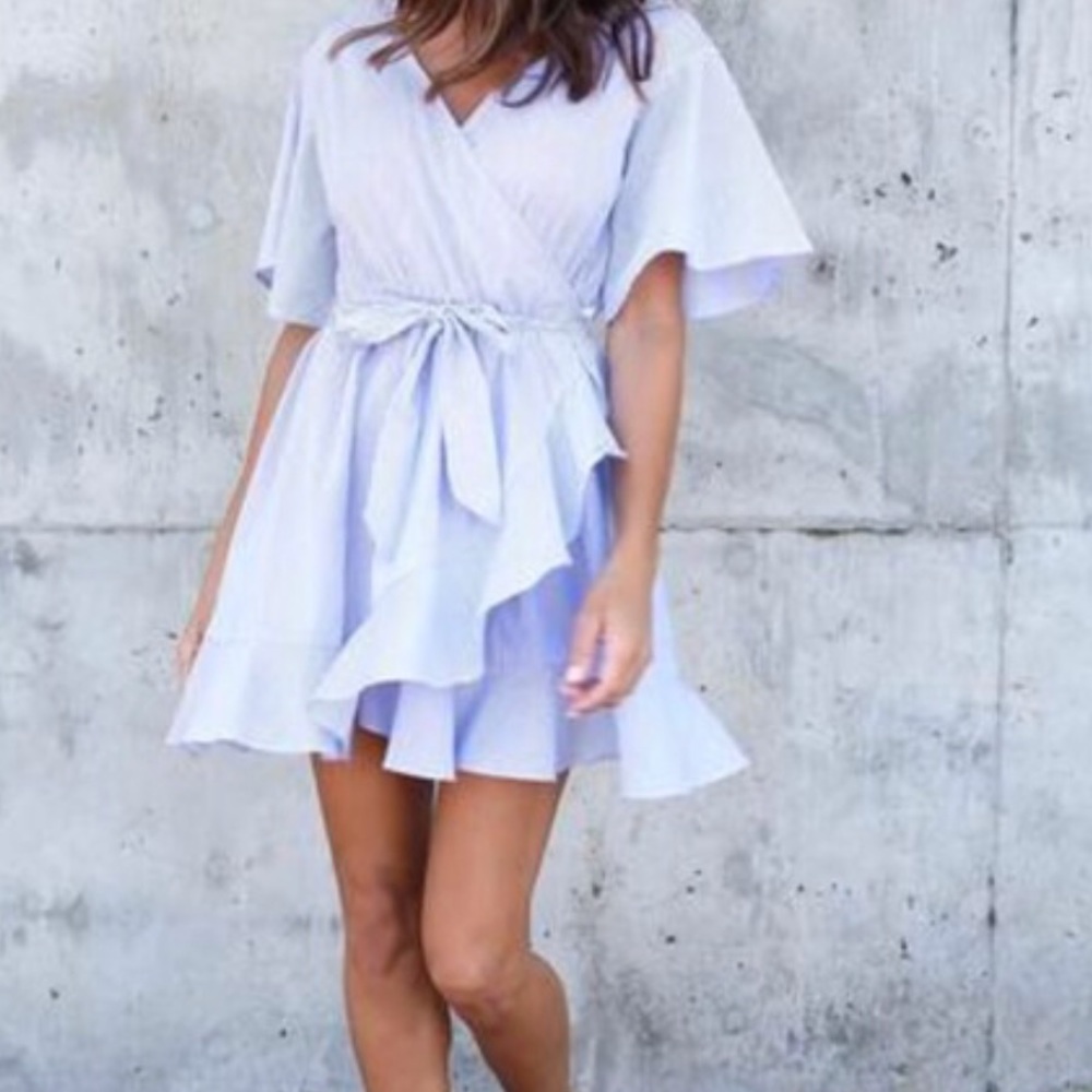 Listicle light blue seersucker wrap dress. NWT.